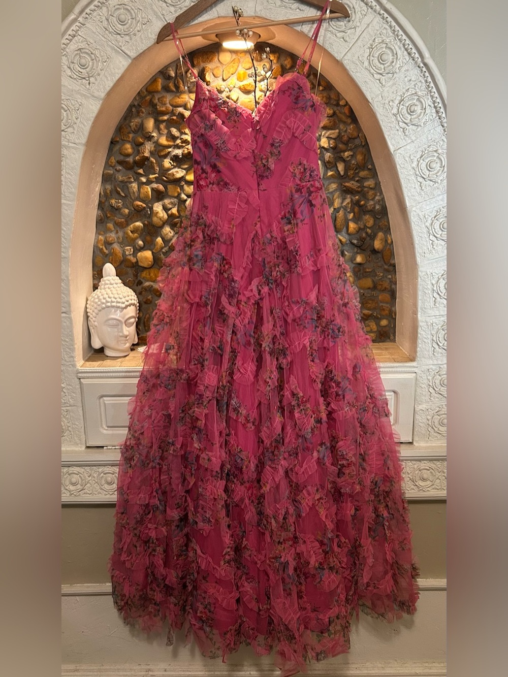 Stacees Pink Floral Ruffle Prom Gown